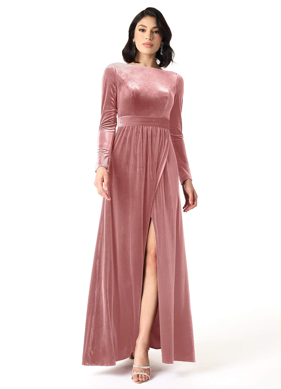 Azazie Brynn Bridesmaid Dresses Dusty Rose A-Line Long Sleeve Velvet Dress image1