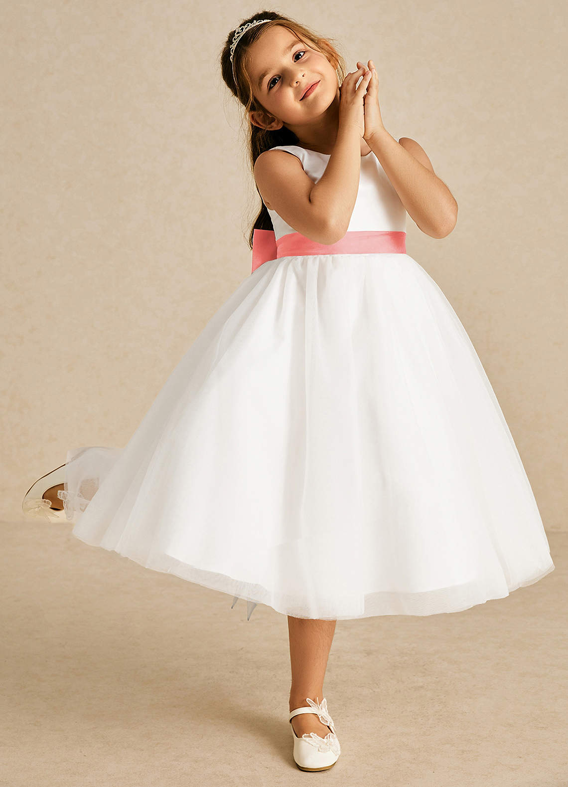 Azazie Kavi Flower Girl Dresses Ivory Coral A-Line Bow Matte Satin Dress image4