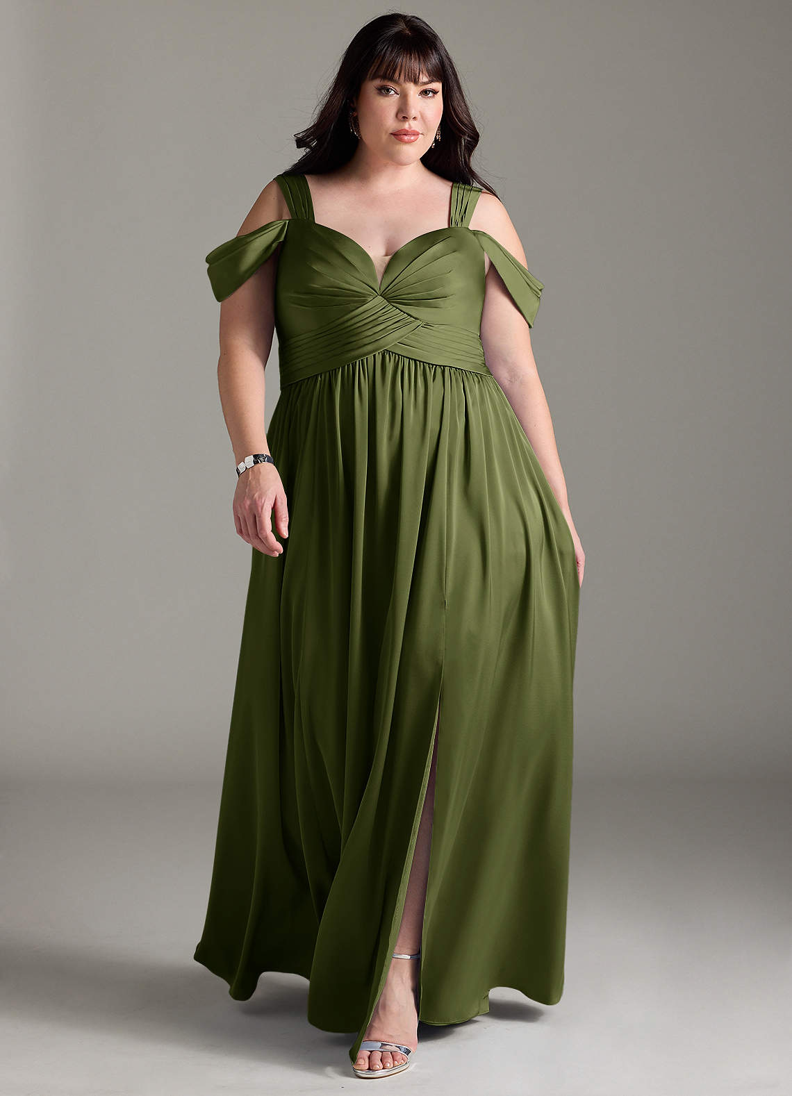 Azazie Lianne Bridesmaid Dresses Olive A-Line Off the Shoulder Stretch Satin Dress image1