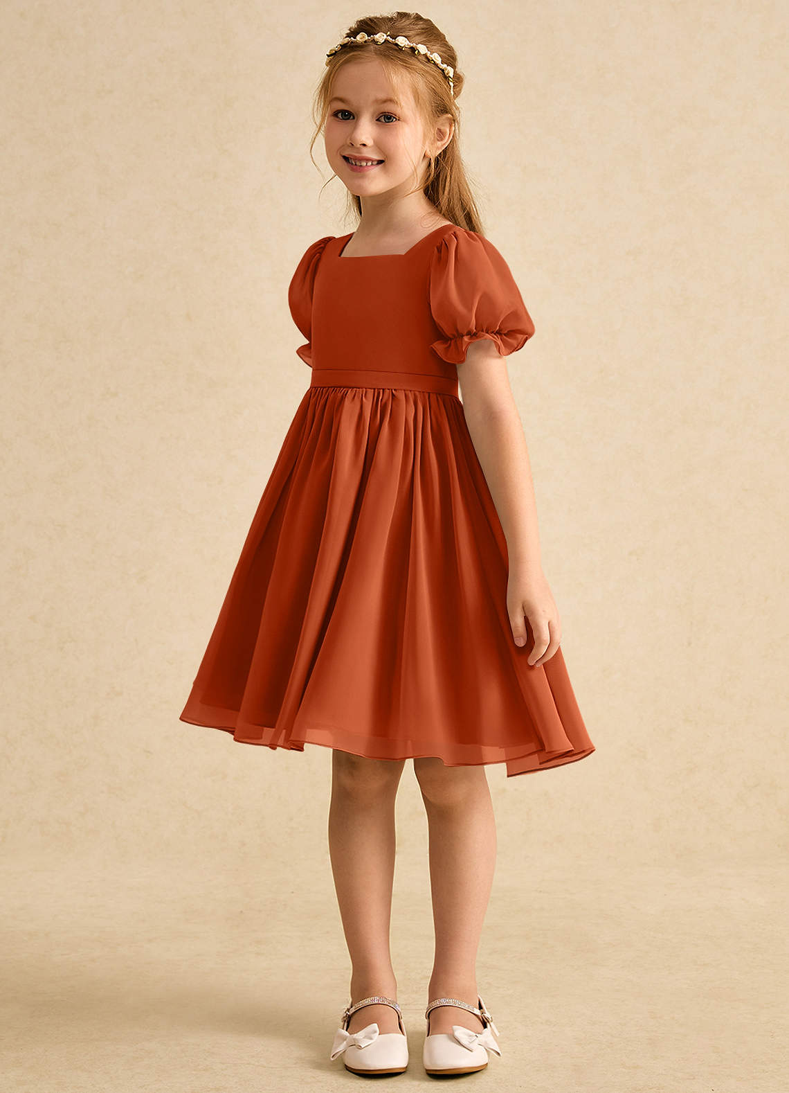 Azazie Jolie Flower Girl Dresses Burnt Orange A-Line with Sleeves Chiffon Dress image4