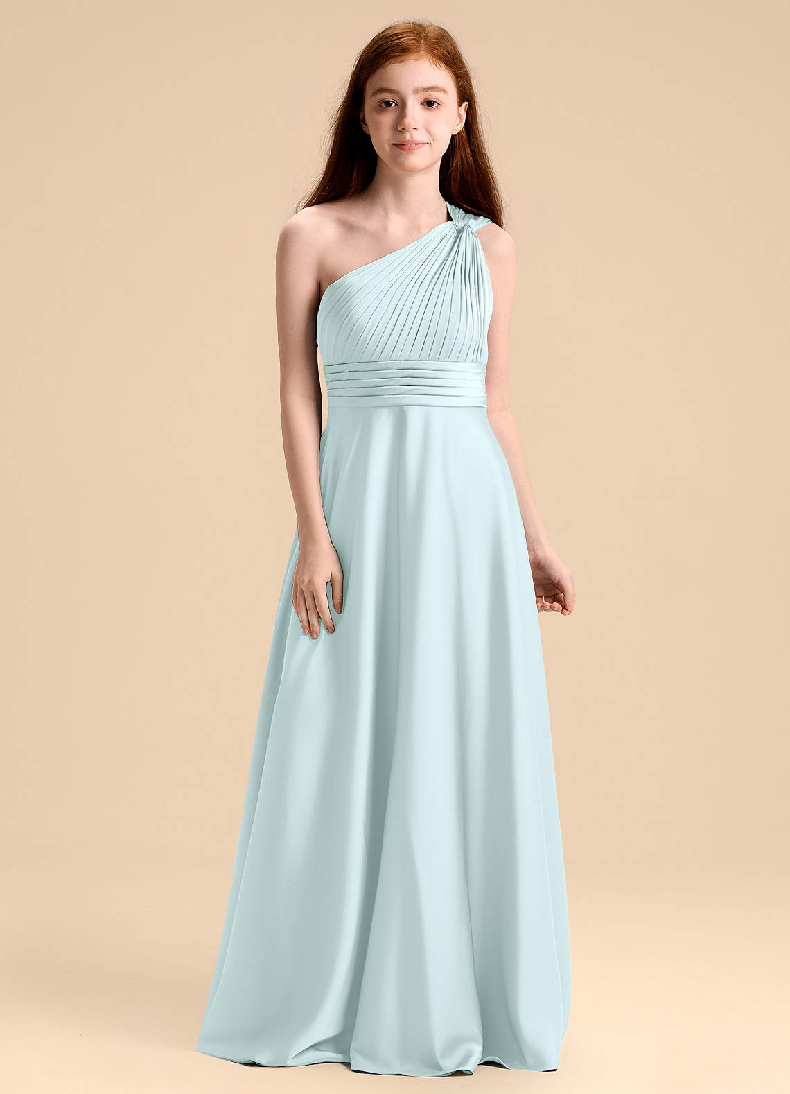 Azazie Charlize Junior Robe Trapèze en Satin extensible Plissée Verre De Mer image1