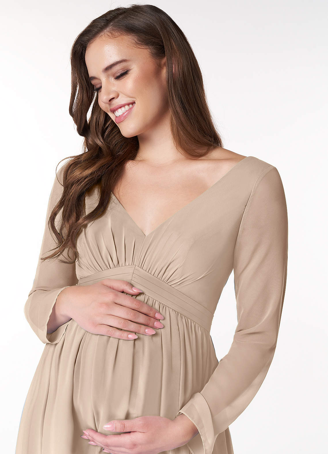 Azazie Teton Maternity Bridesmaid Dresses A-Line Long Sleeve Chiffon Floor-Length Dress image4