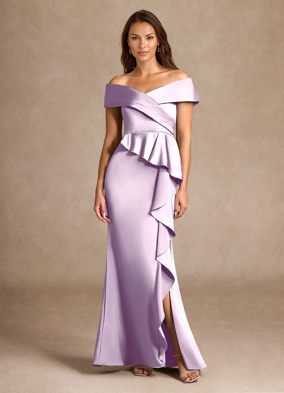 Azazie Dareia Mother of the Bride Dresses Frosted Lilac Mermaid Off the Shoulder Stretch Satin Dress image1