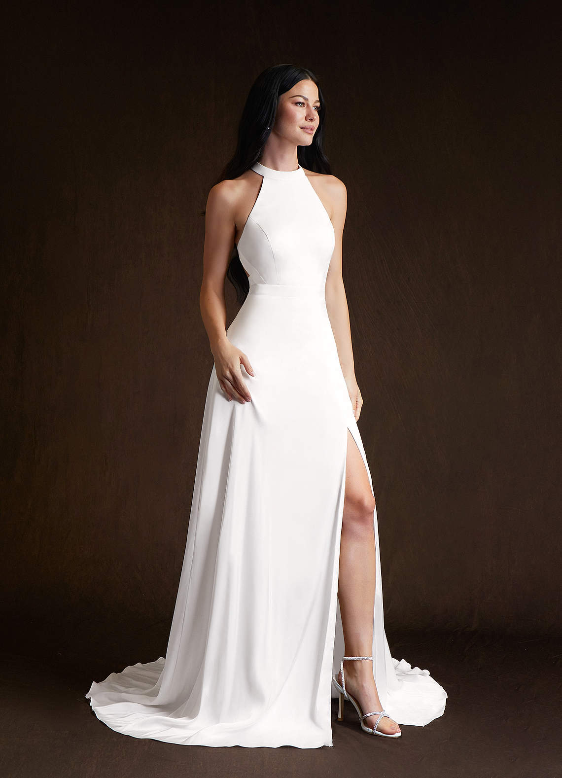 Azazie Sian Diamond White A-Line Side Slit Stretch Satin