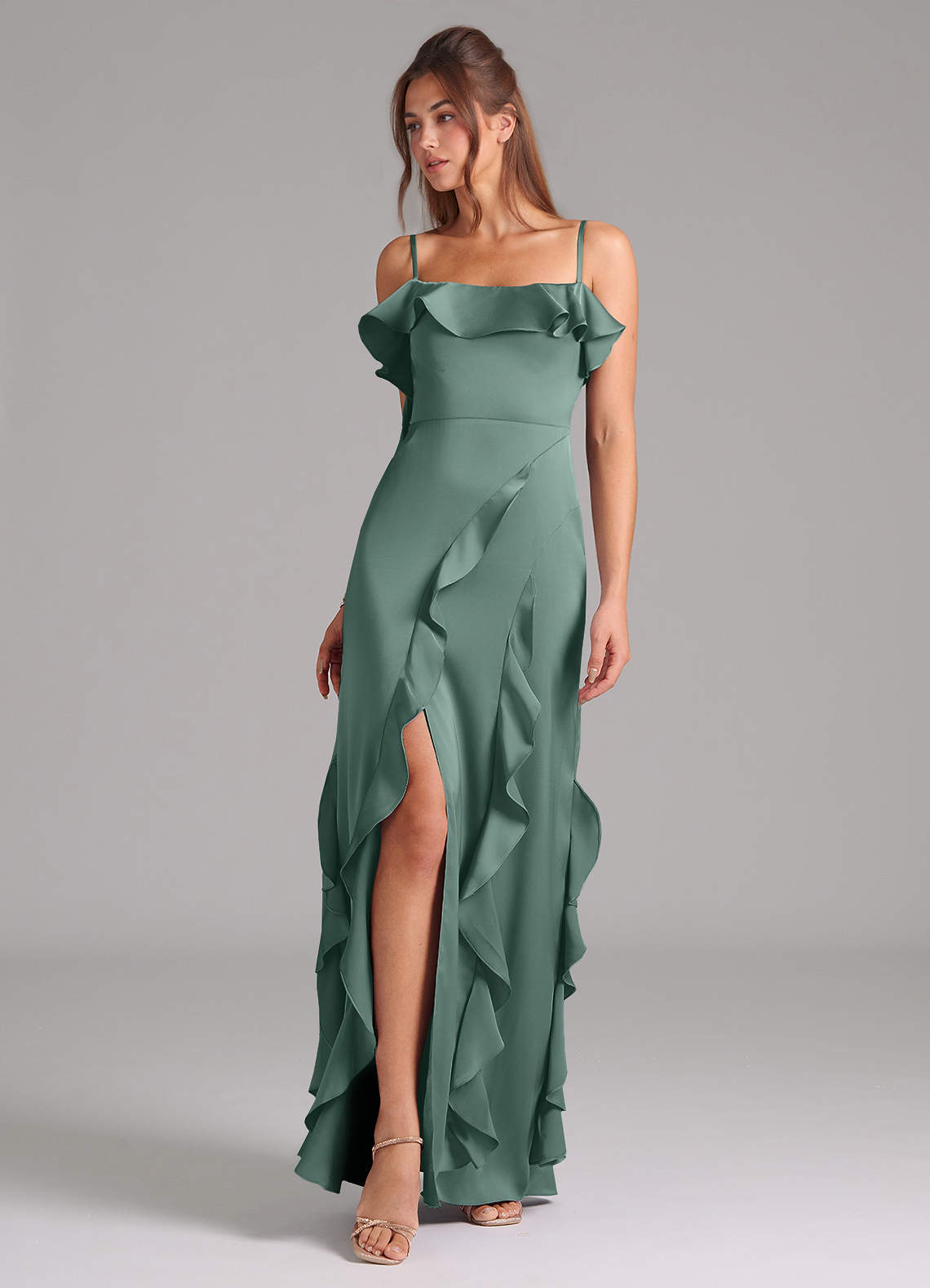 Azazie Malia Bridesmaid Dresses Eucalyptus A-Line Side Slit Stretch Satin Dress image1