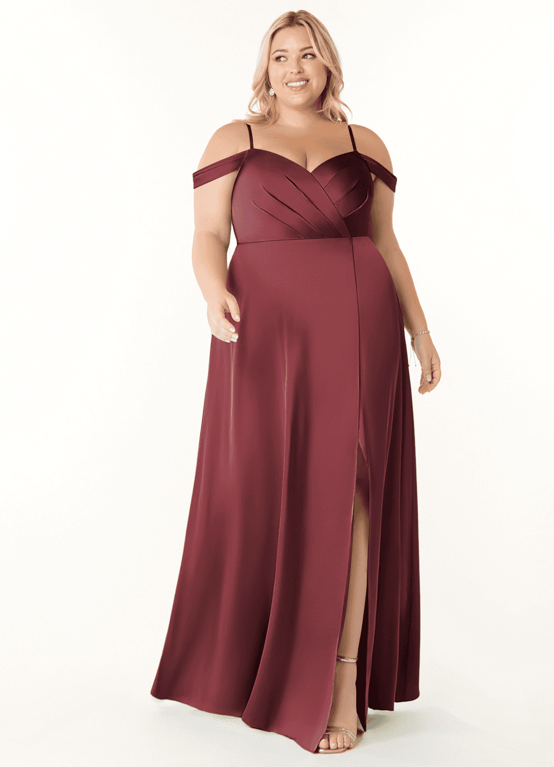 Azazie Ocean Robes de demoiselle d'honneur Robe Trapèze en Satin extensible Col V plissé Merlot image1