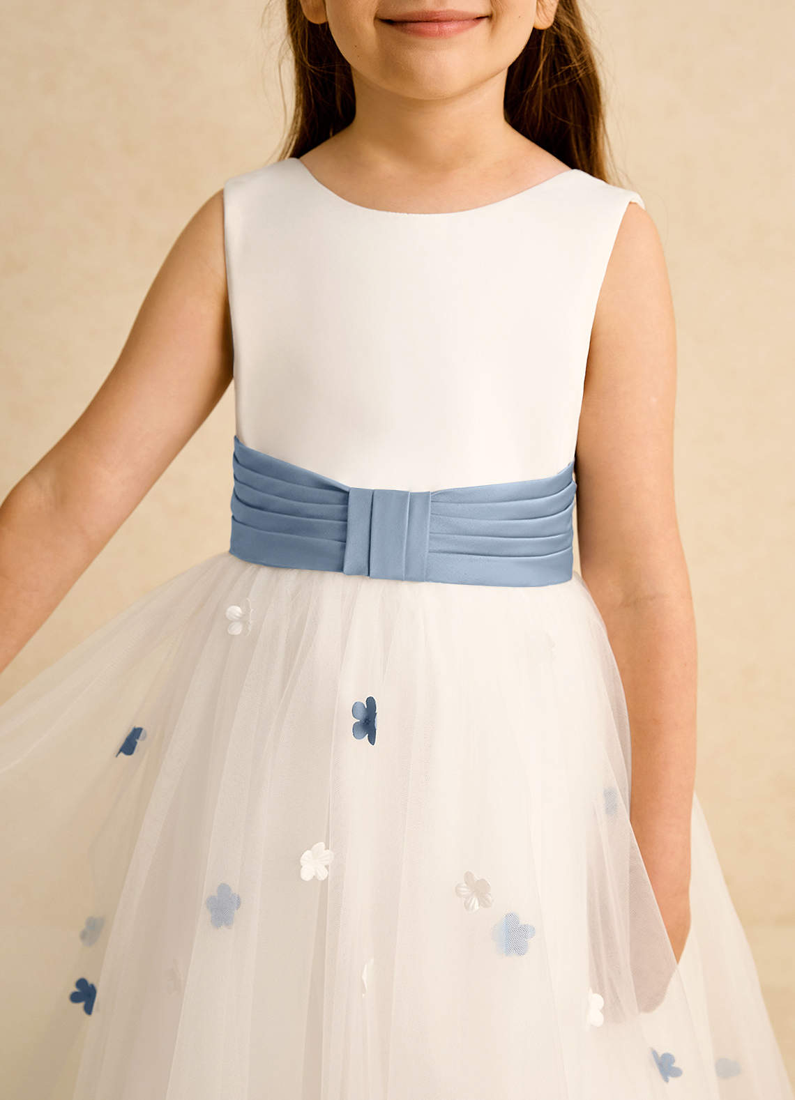 Azazie Cricket vestidos de niña de las flores Vestido de Marfil Azul Polvoriento de Satin Mate de Corte Princesa con Plisado image7