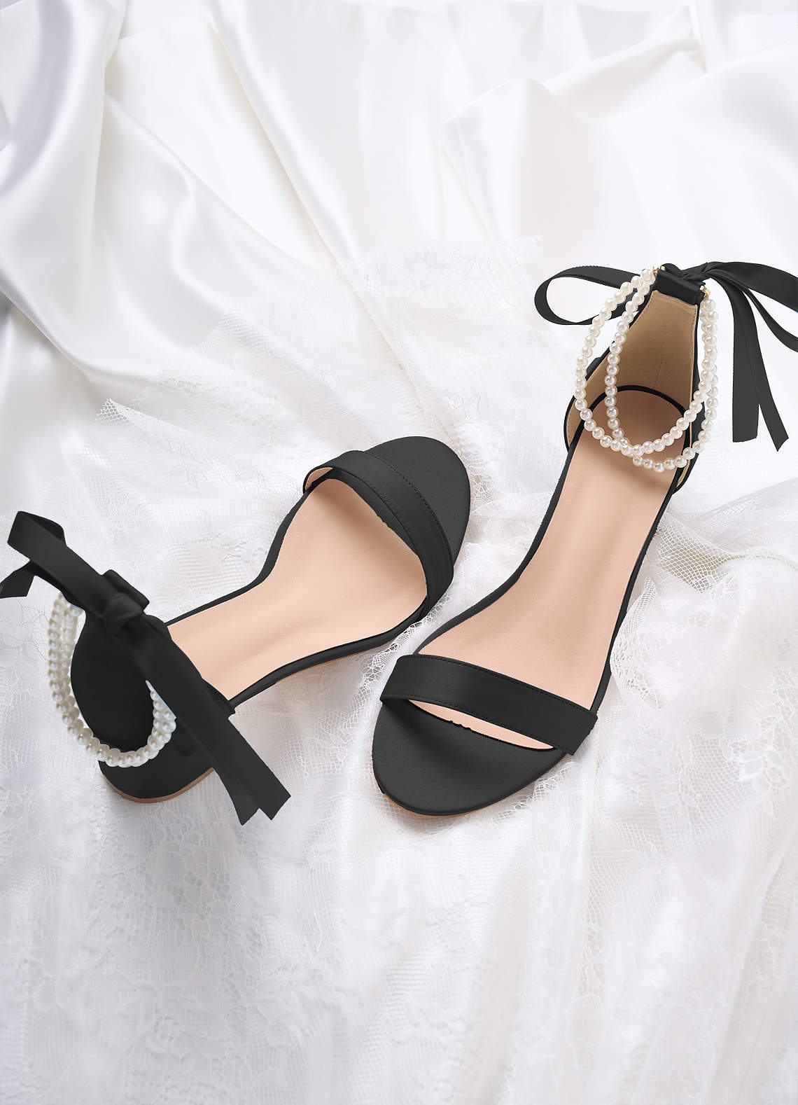 front Matching Color Matte Satin Pearl and Bow Open Toe Chunky Heel Sandals