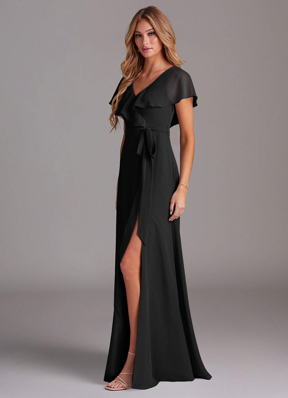 Azazie Lainey Bridesmaid Dresses Black A-Line with Pockets Chiffon Dress image3