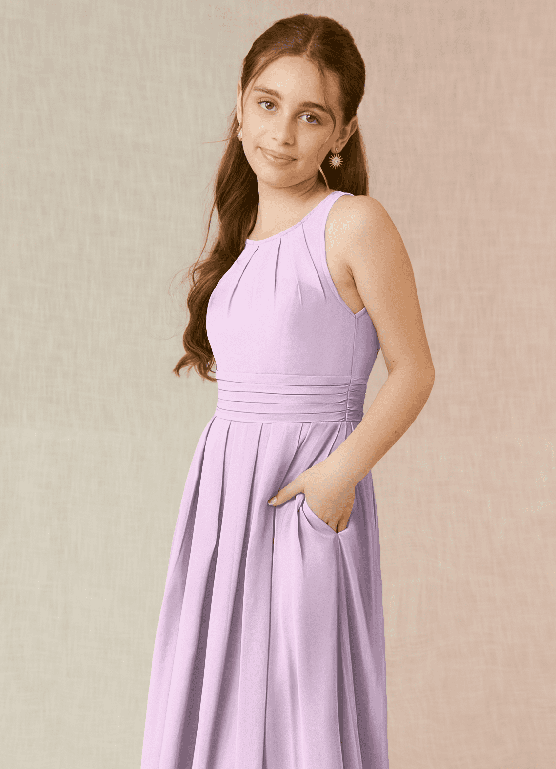 Azazie Bibiane Junior Abito A-Line in Chiffon Plissettato Lilla Glassato image6