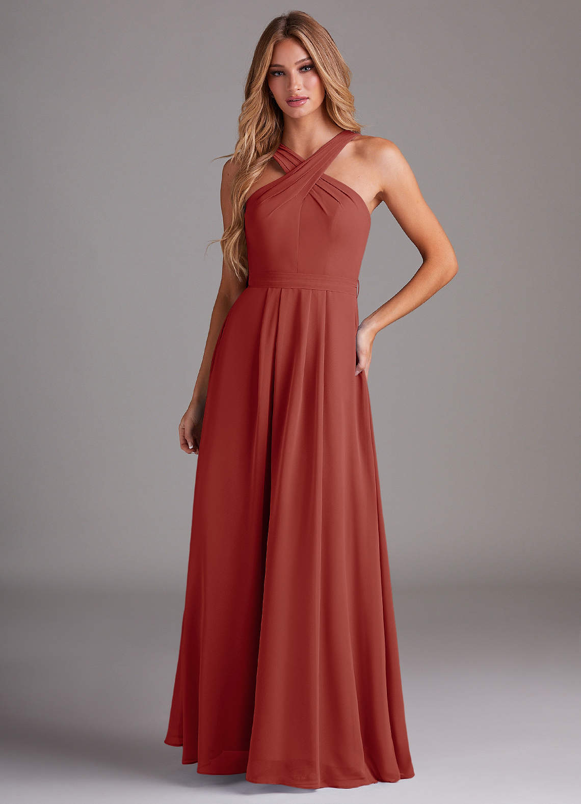 Azazie Dixie Abiti da Damigella Abito A-Line in Chiffon con Scollo Halter a Pieghe Terracotta image1