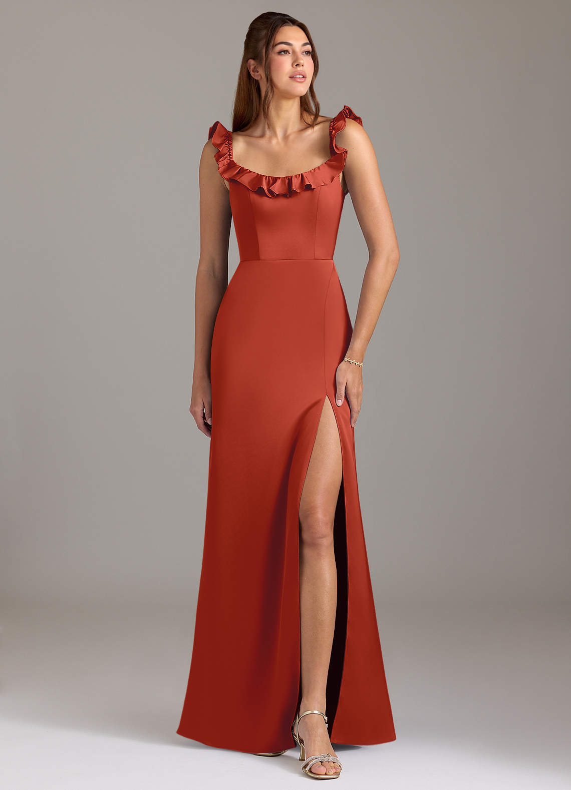 one shoulder champagne dress Elegant One Shoulder Champagne Satin Slit Ruffle Prom Dress