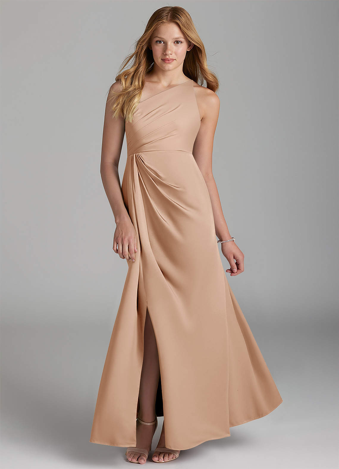 Azazie Mika Junior English Rose A-Line Pleated Stretch Satin Dress image1