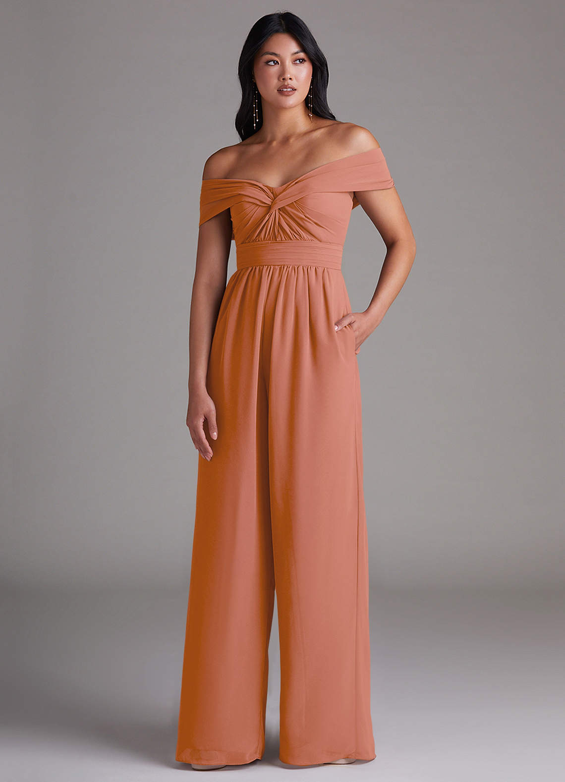 Azazie Lamara Bridesmaid Dresses MAI TAI Off the Shoulder Chiffon Convertible Jumpsuit image1