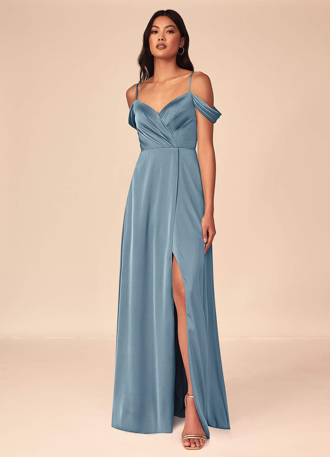 Azazie Ocean Bridesmaid Dresses Dusty Blue A-Line V-Neck Pleated Stretch Satin Dress image1