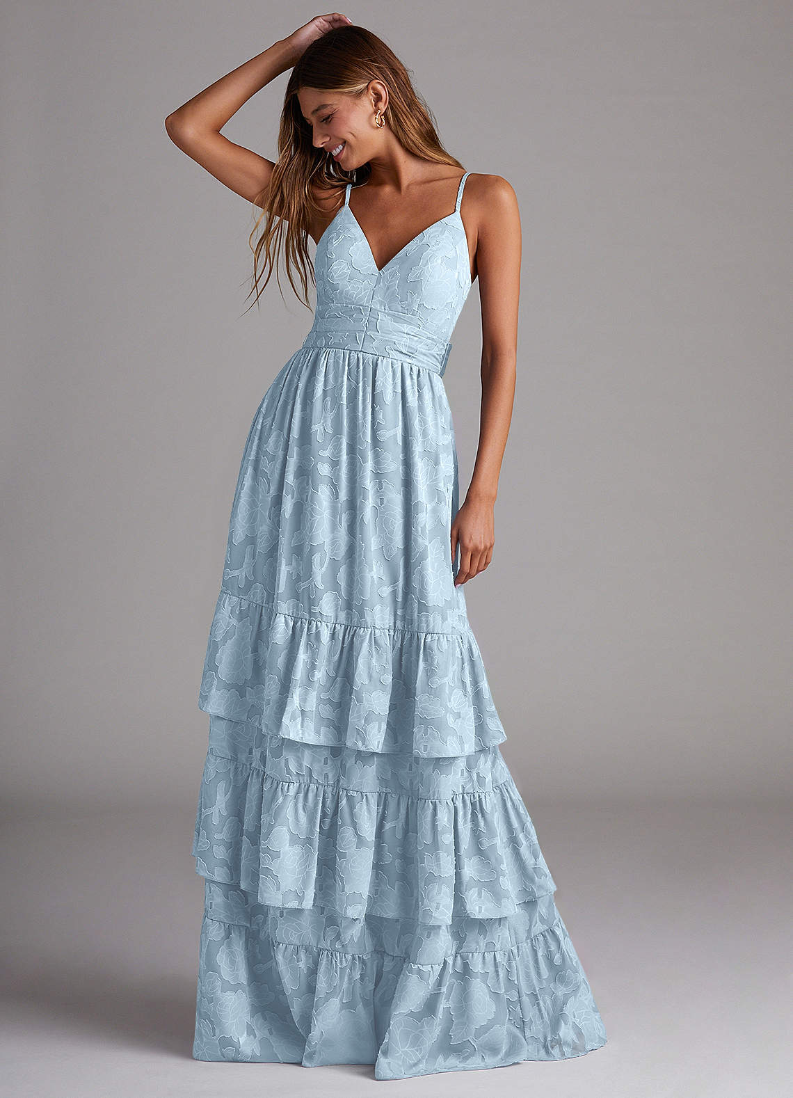 tiered blue bridesmaid dress Wedtrend Women Sky Blue Bridesmaid Dress with Lace Up Back A Line V Neck  Tiered Long Wedding Guest Dress – WEDTREND main image 1