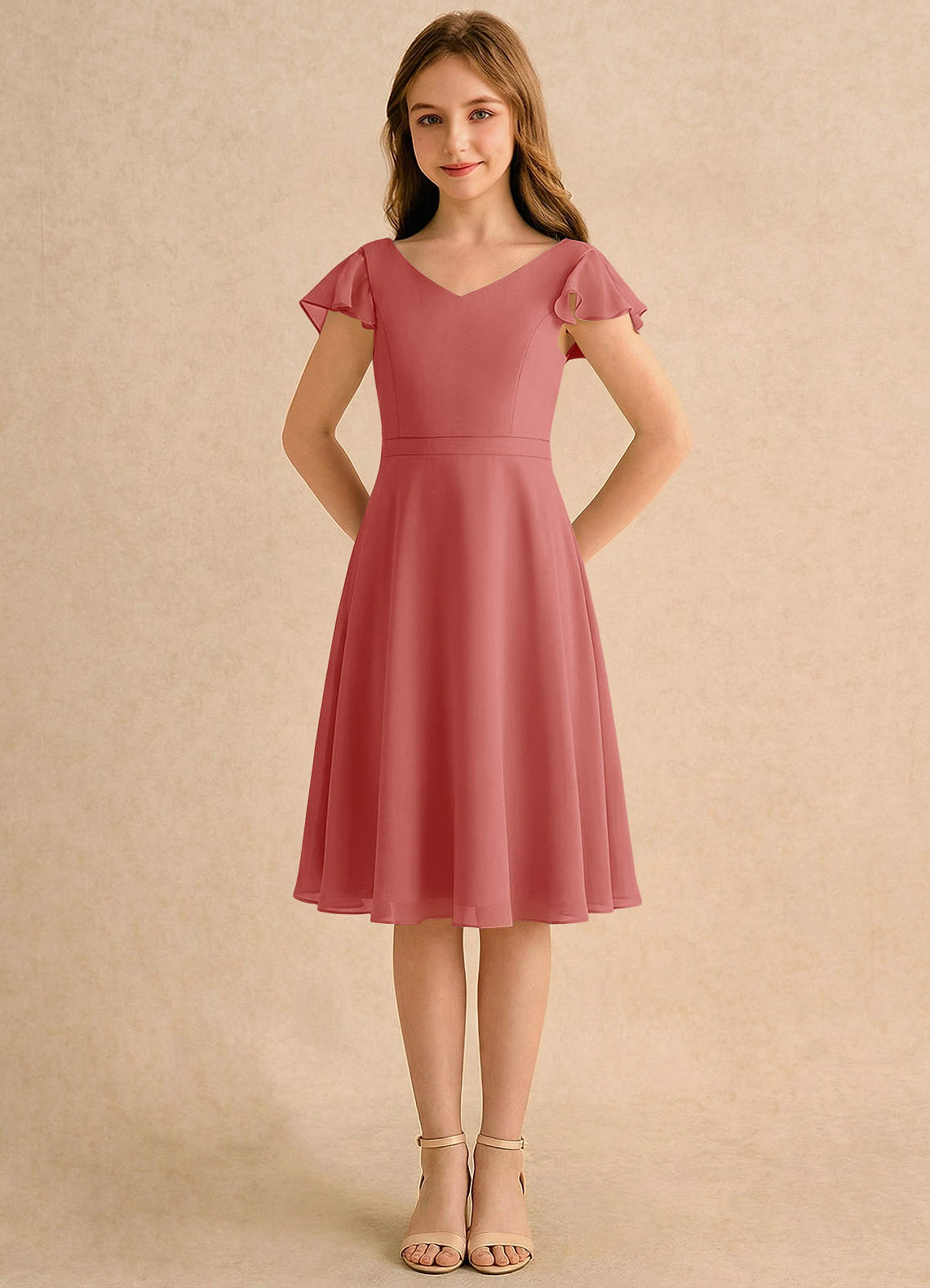 Azazie Narin Girls Formal Flower Girl Klänningar Klänning A-Line i Chiffong med ärmar image4
