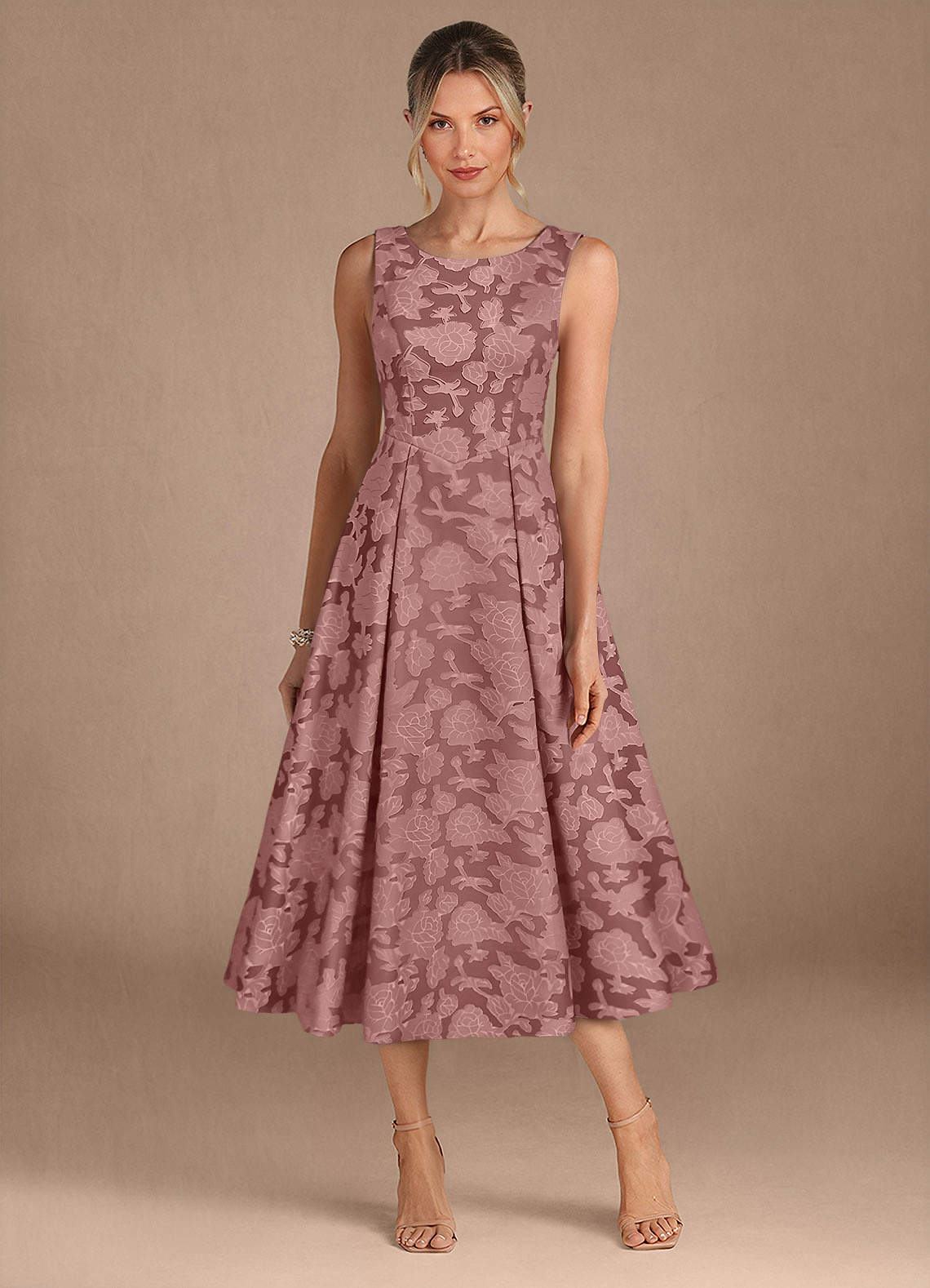 Azazie Fulton Mother of the Bride Dresses Dusty Rose A-Line Pleated Floral Burnout Dress image4