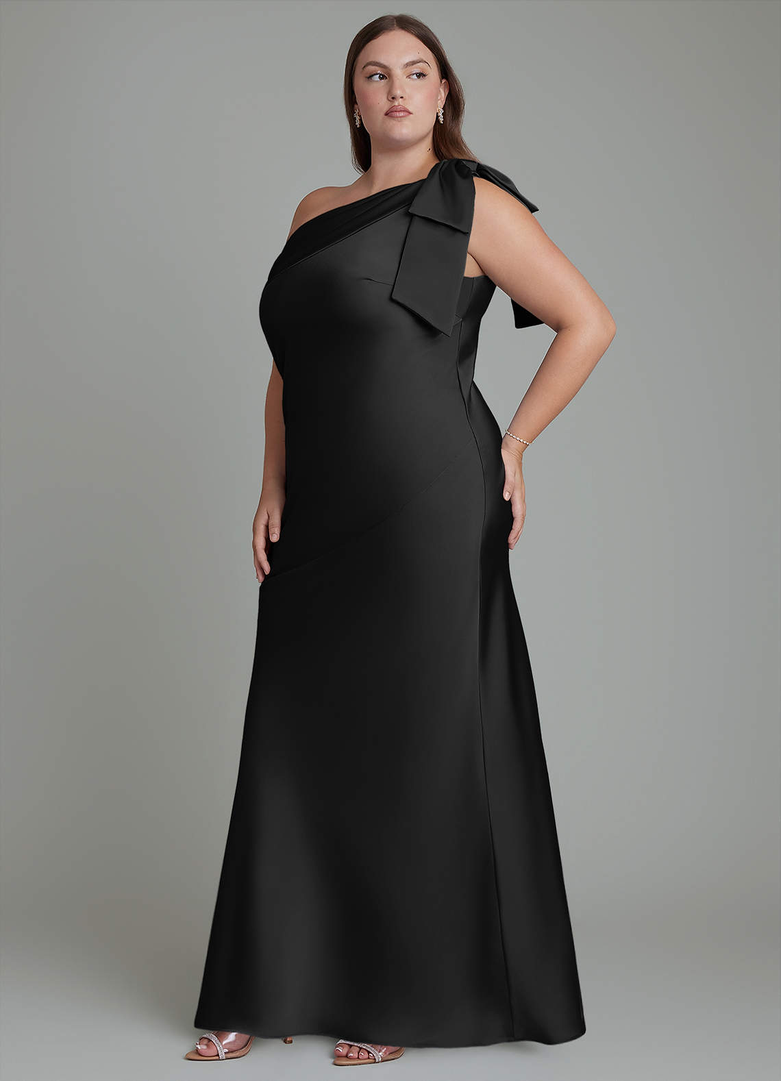 Azazie Yuanna Bridesmaid Dresses Black Mermaid One Shoulder Stretch Satin Dress image11