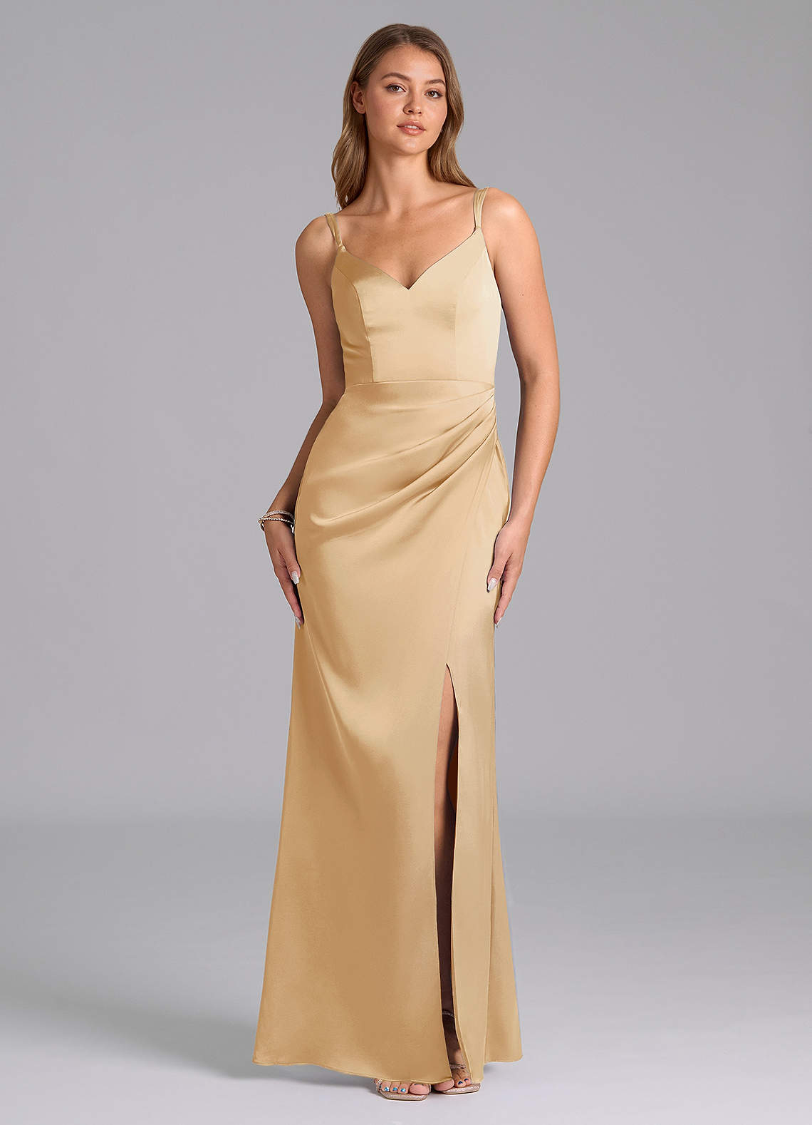 Azazie Leo Bridesmaid Dresses Gold Sheath Pleated Stretch Satin Dress image1
