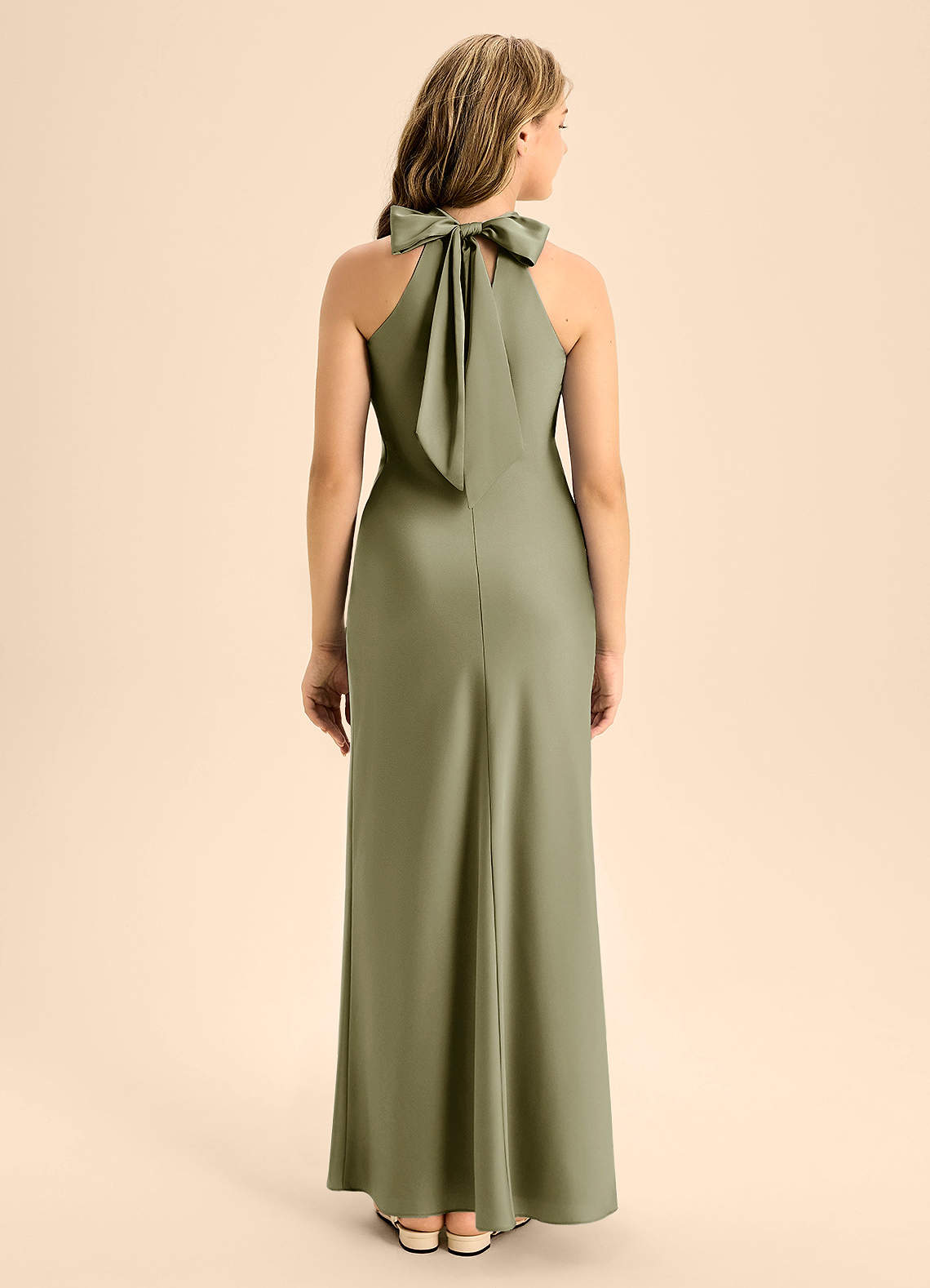Azazie Doretta Junior Pistachio A-Line Pleated Stretch Satin Dress image1