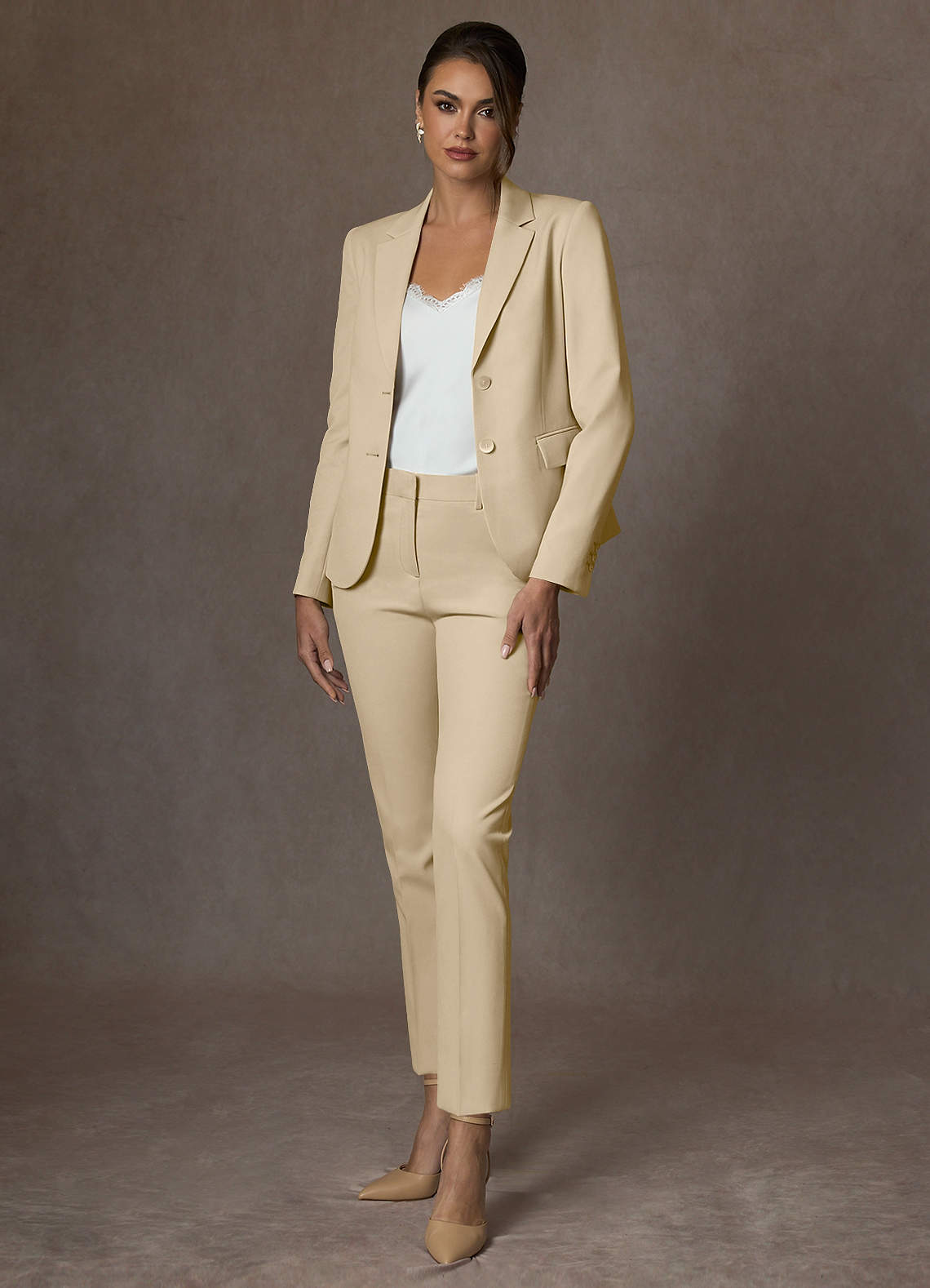 front Whitney Champagne Structured Stretch Full Length Pants Suit