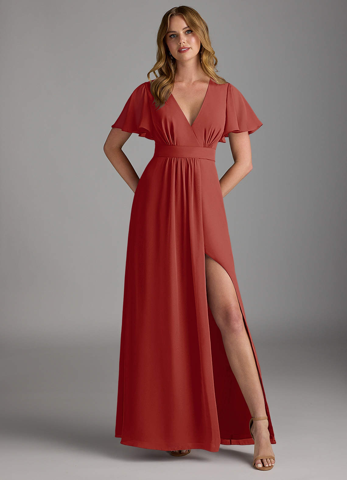 Azazie Zaniah Bridesmaid Dresses Terracotta A-Line Chiffon Dress image1