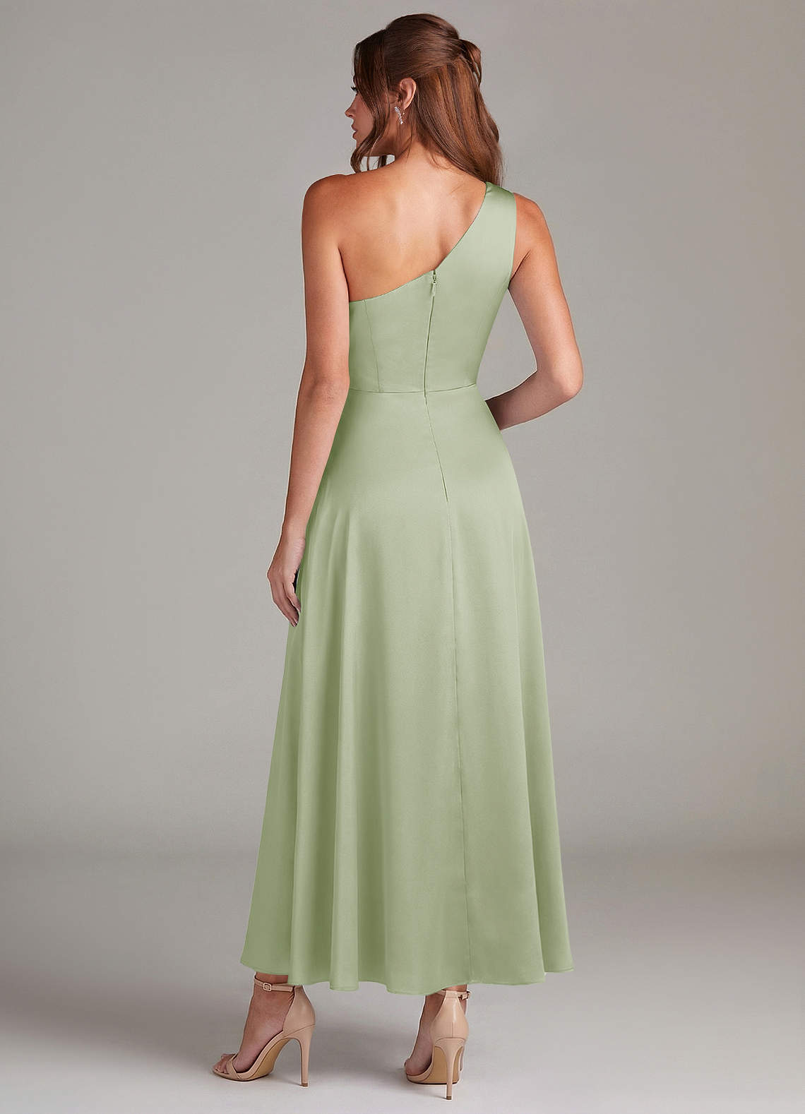 Azazie Brooke Robes de demoiselle d'honneur Robe Trapèze en Satin extensible Une épaule Vert Sauge image6