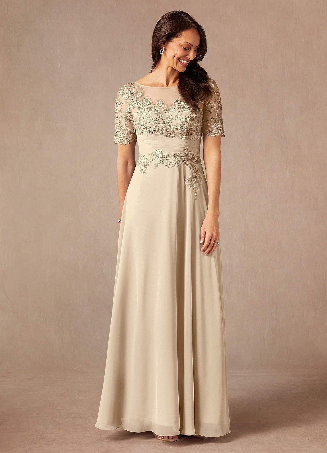 Azazie Raissa Champagne A-Line Lace Chiffon Dress | Azazie