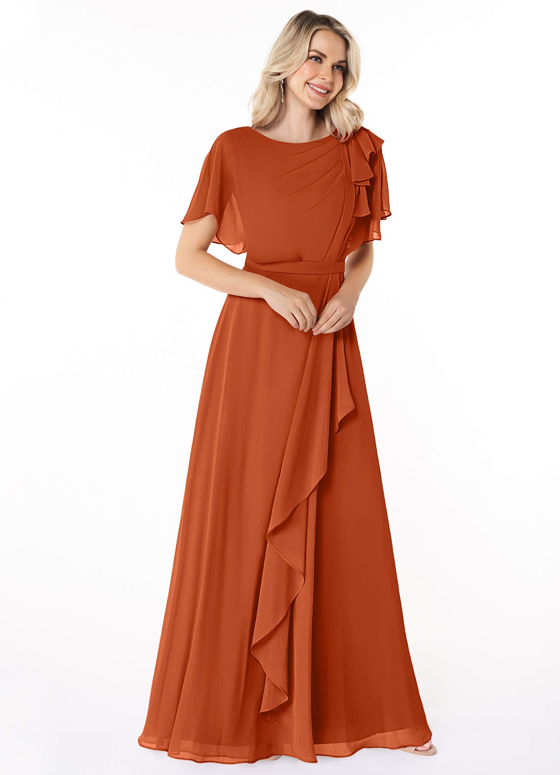 Azazie Aaliyah At-home Try On Dresses A-Line Scoop Pleated Chiffon Floor-Length Dress image2