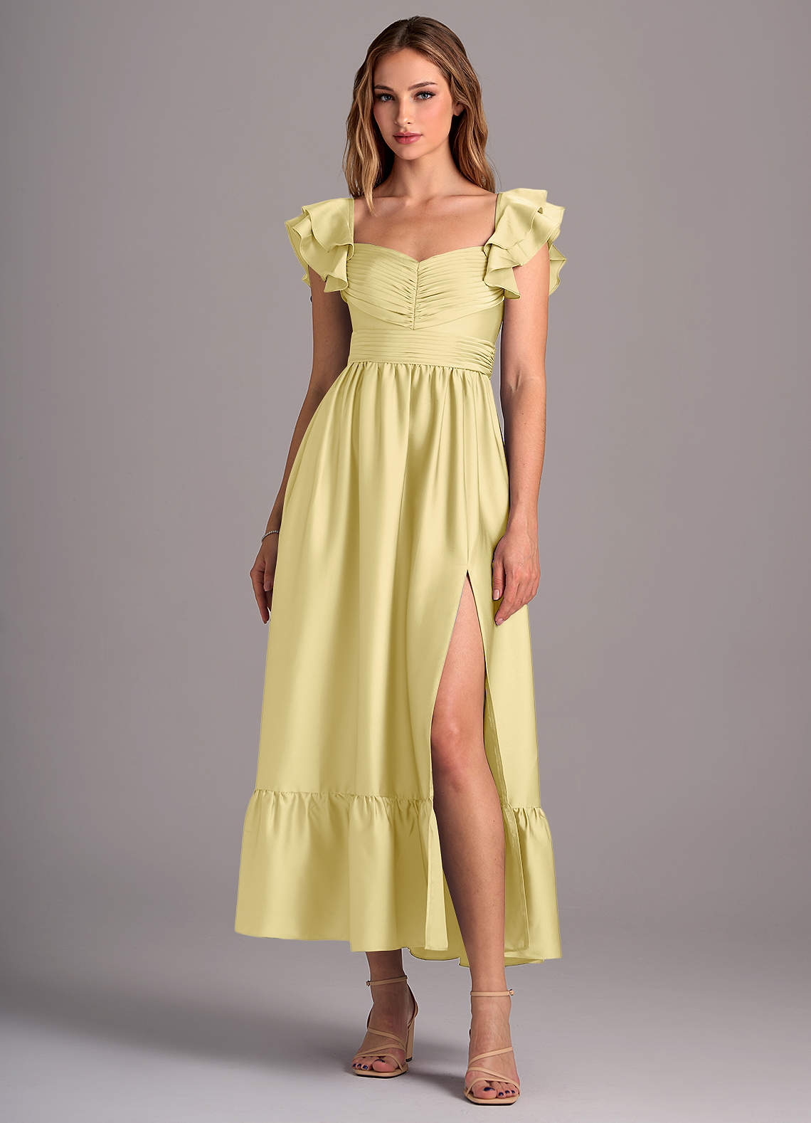 Azazie Anaya Brautjungfernkleider Wandelbar A-Linie Herzausschnitt Stretch-Satin Kleid Zitronensorbet image1