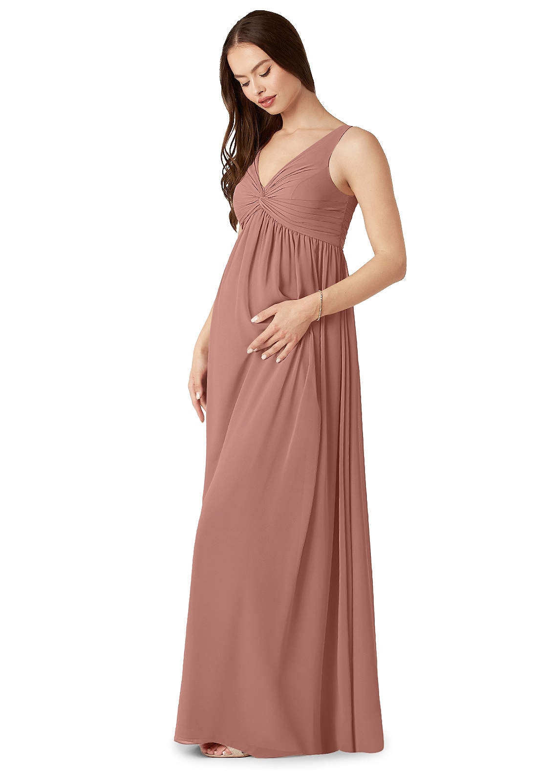 Azazie Yetta At-home Try On Dresses A-Line V-Neck Gathered Chiffon Floor-Length Dress image3