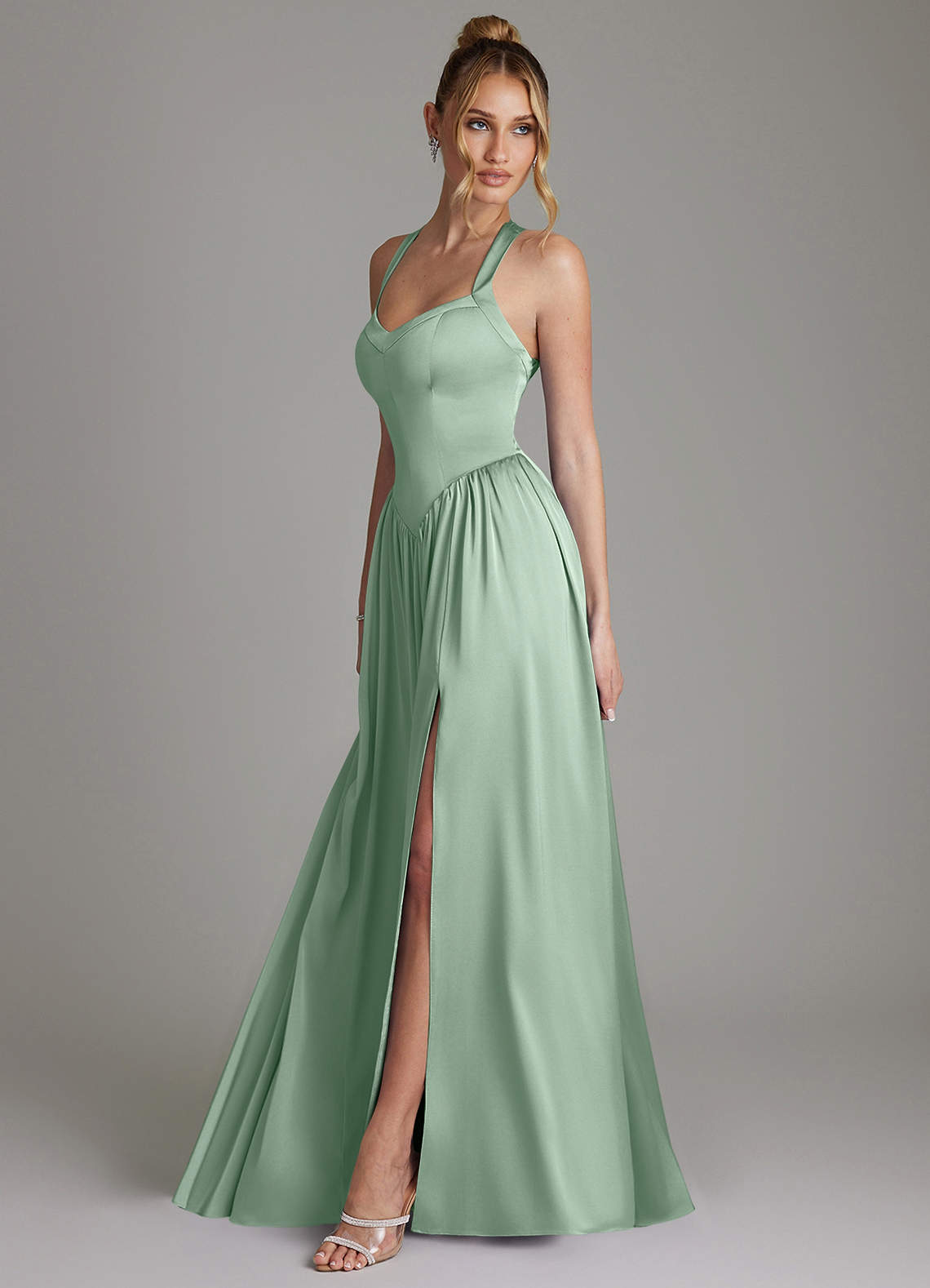 Azazie Francis Kleider zum Anprobieren zu Hause A-Linie Korsett Stretch-Satin Kleid Agave image5