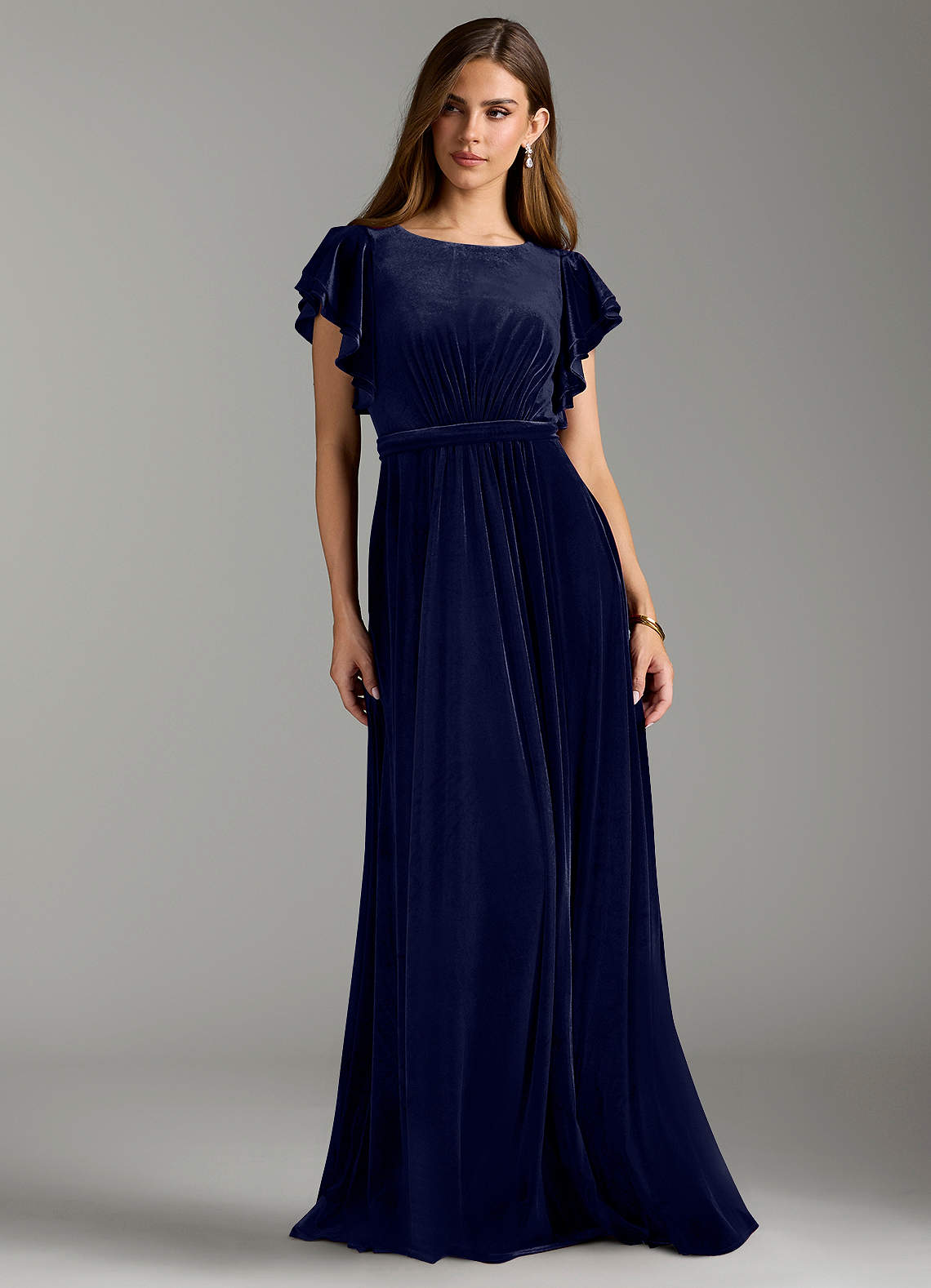 Azazie Daphne Modest Bridesmaid Dresses A-Line Velvet Floor-Length Dress with Belt image2