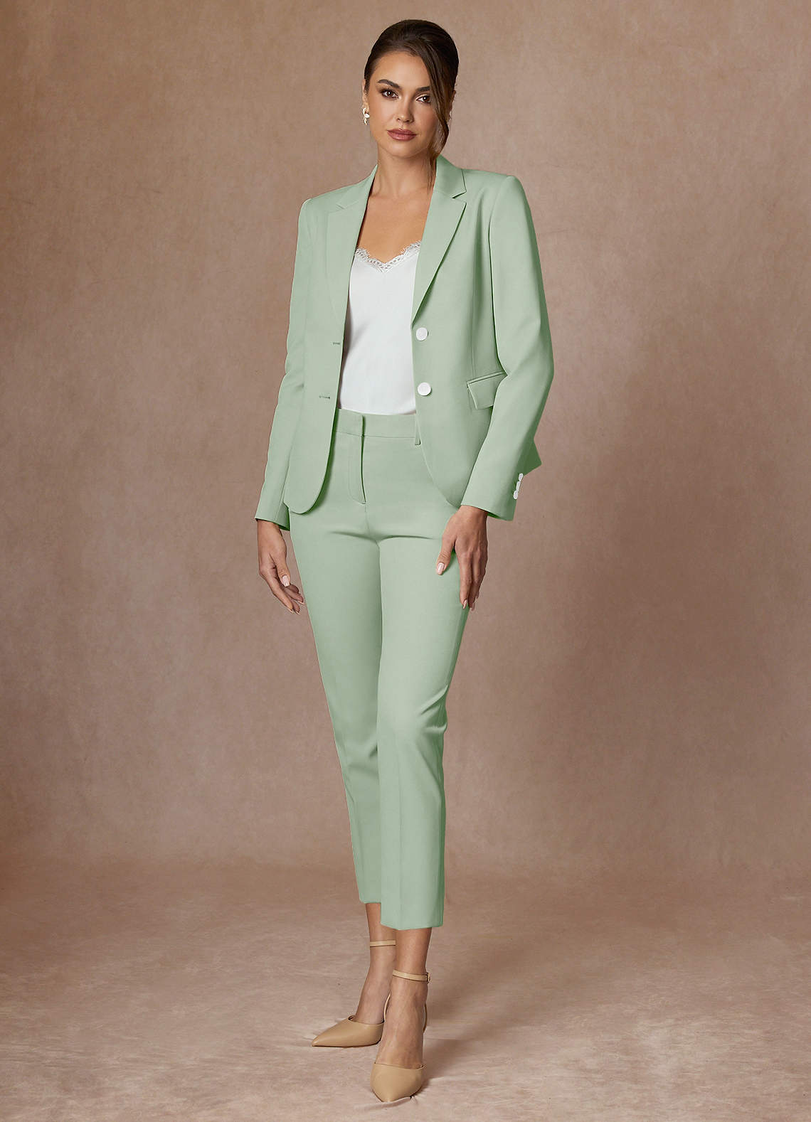 front Whitney Dusty Sage Structured Stretch Cropped Pants Suit