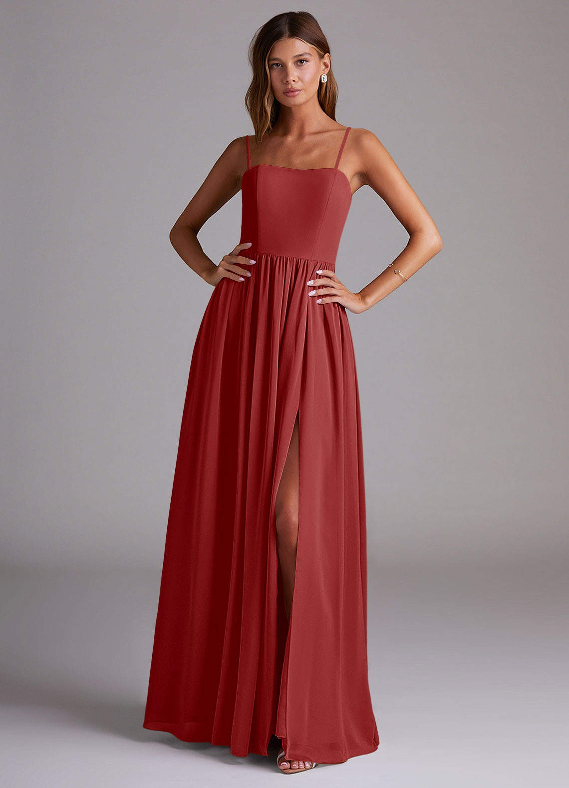 Azazie Calianna Bridesmaid Dresses Rust A-Line Off the Shoulder Chiffon Convertible Dress image1