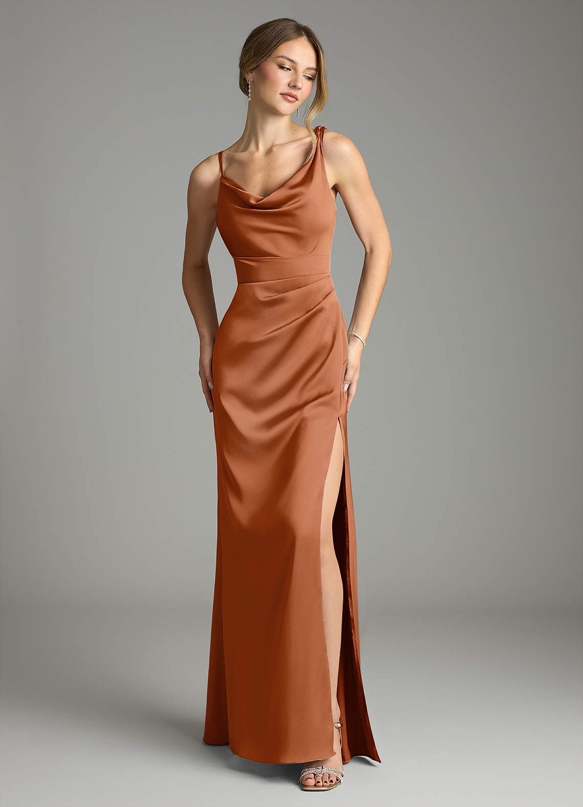 copper satin bridesmaid dress Azazie Jesaphine