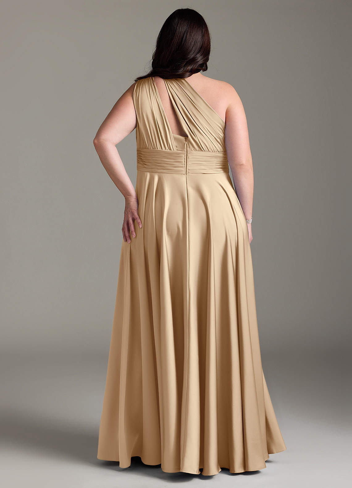 Azazie Charlize Bridesmaid Dresses Champagne A-Line One Shoulder Stretch Satin Dress image9