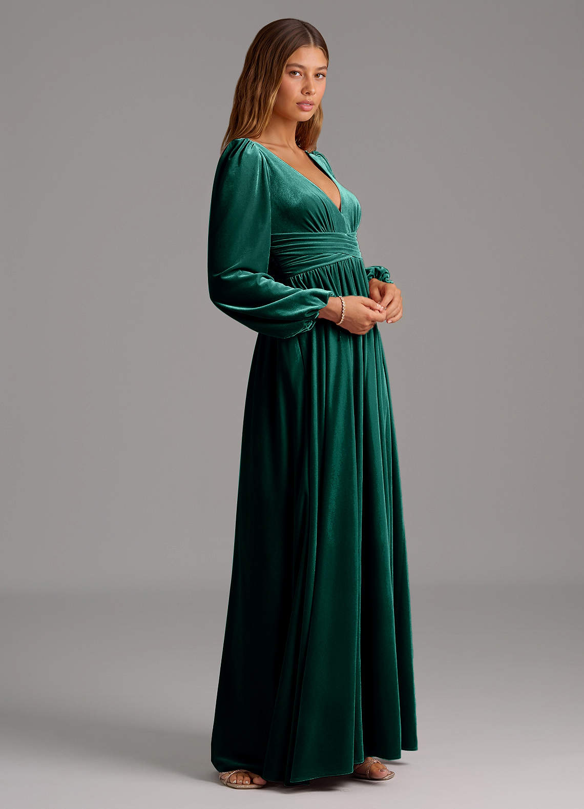 Azazie Norah Bridesmaid Dresses Emerald A-Line Long Sleeve Velvet Dress image3