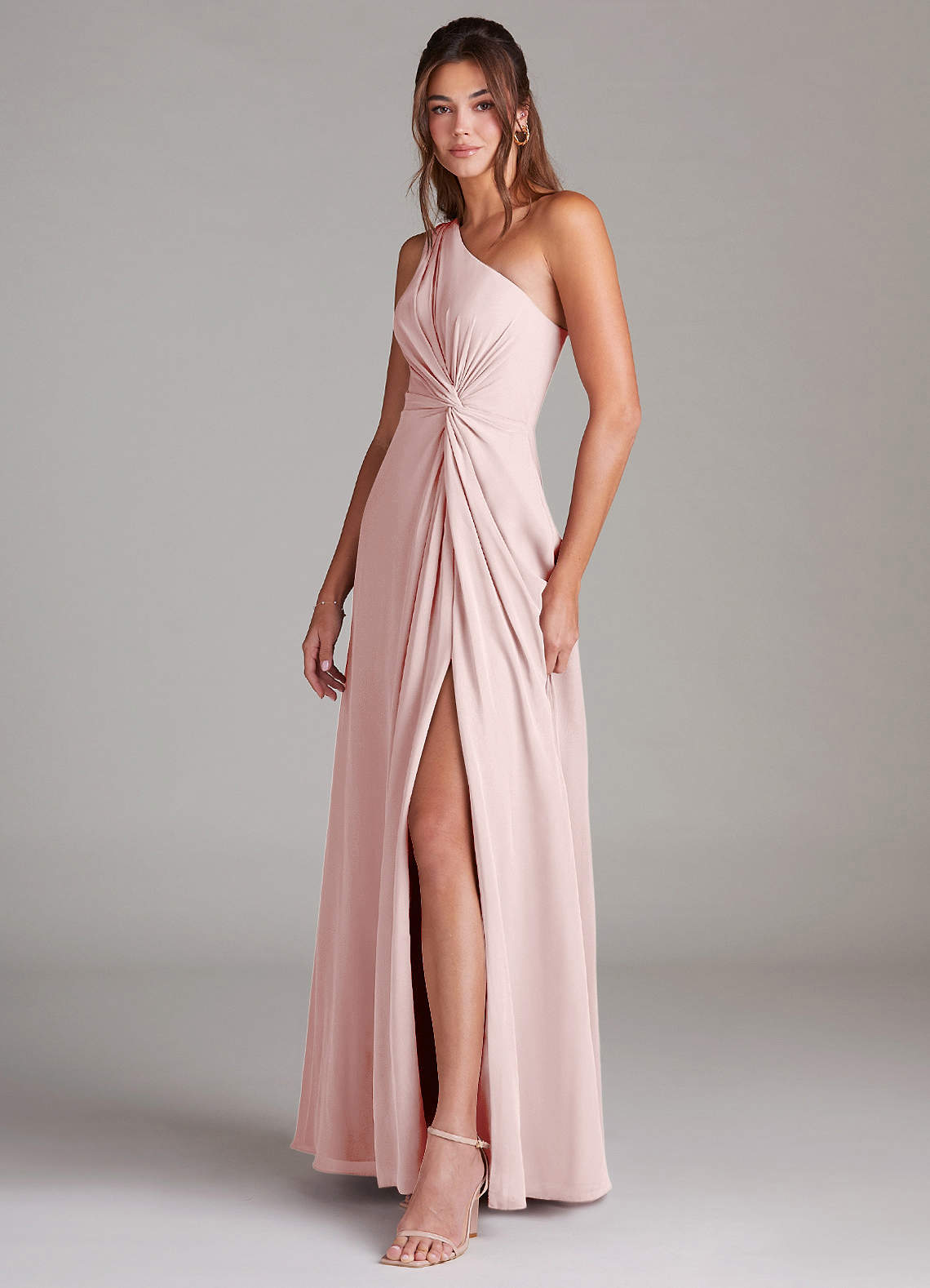 Azazie Brooke Bridesmaid Dresses Blushing Pink A-Line One Shoulder Chiffon Dress image4