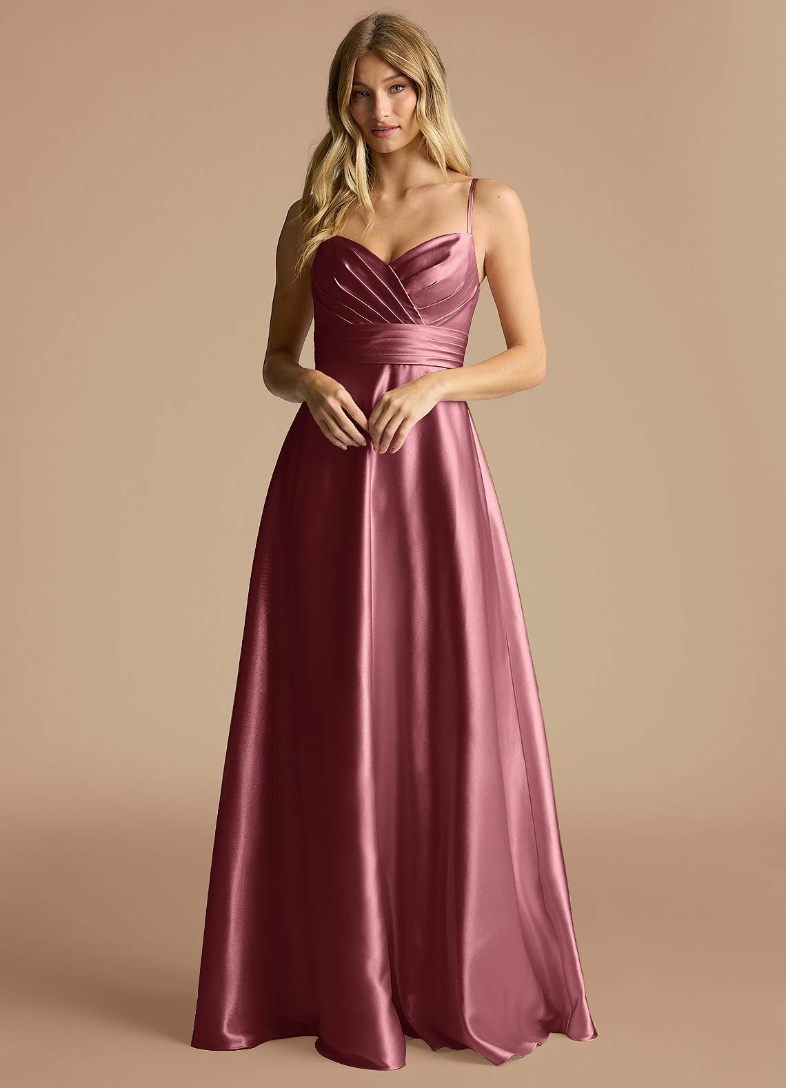 Azazie Oliana Bridesmaid Dresses Desert Rose A-Line Pleated Metallic Satin Dress image1