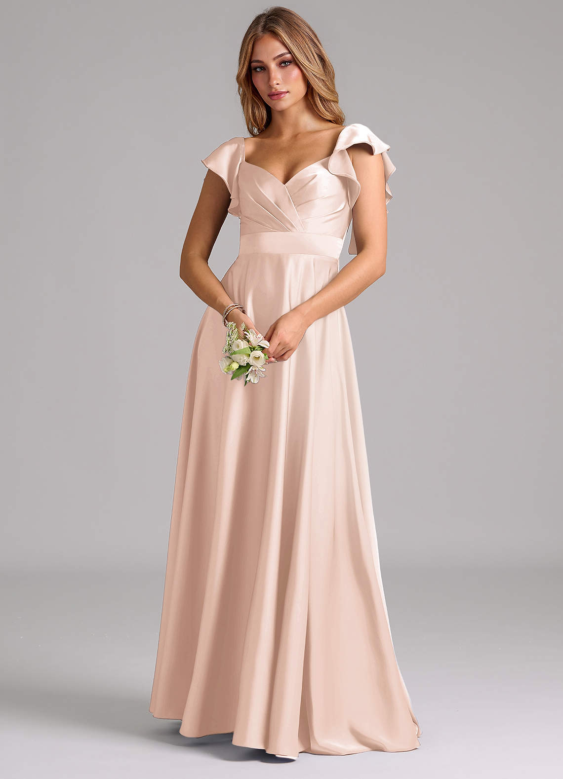 Azazie Leilani Bridesmaid Dresses Blushing Pink A-Line Ruched Stretch Satin Dress image6