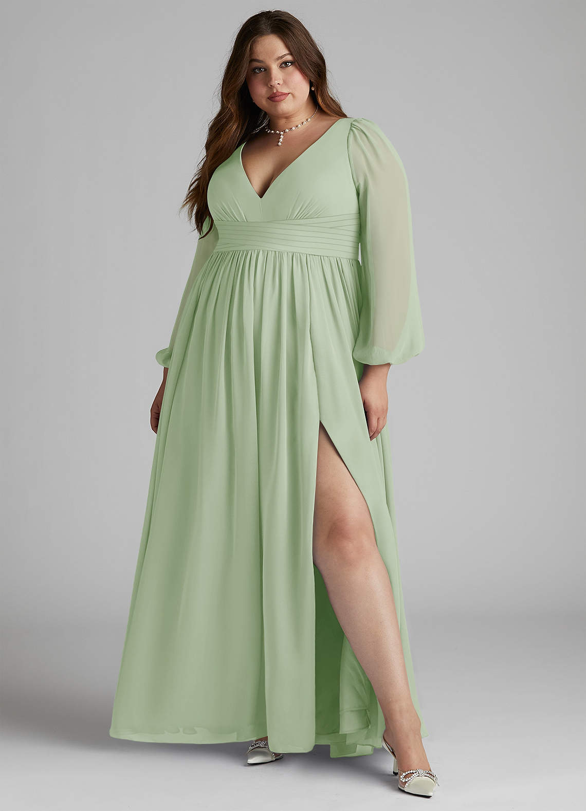 Azazie Norah Bridesmaid Dresses Dusty Sage A-Line V-Neck Long Sleeve Chiffon Dress image5