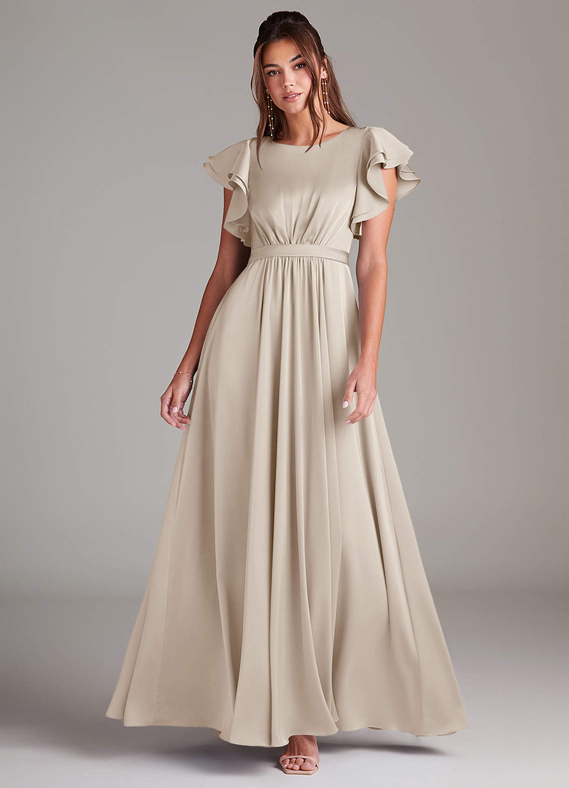 Azazie Daphne Bescheiden Bruidsmeisjekleding A-Lijn Ruches Stretch Satijn Vloerlengte Jurk image1