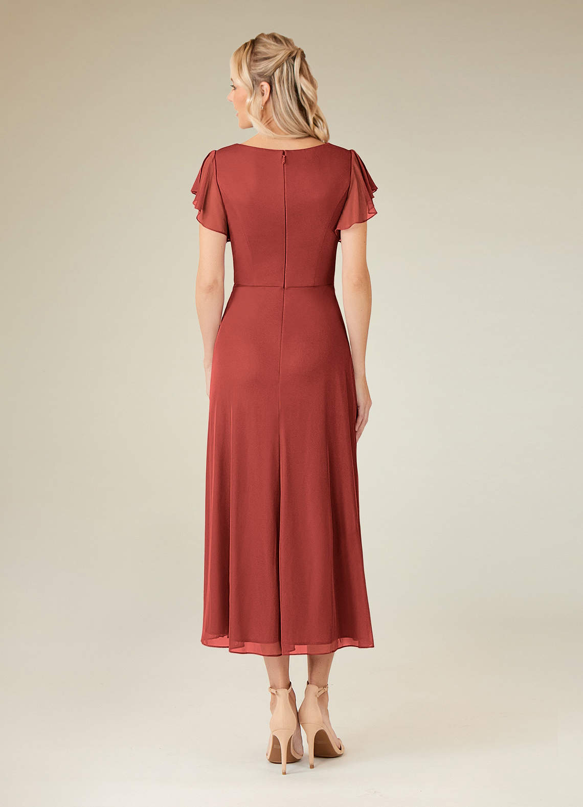 Azazie Vera Terracotta A-Line V-Neck Pleated Mesh Dress | Azazie