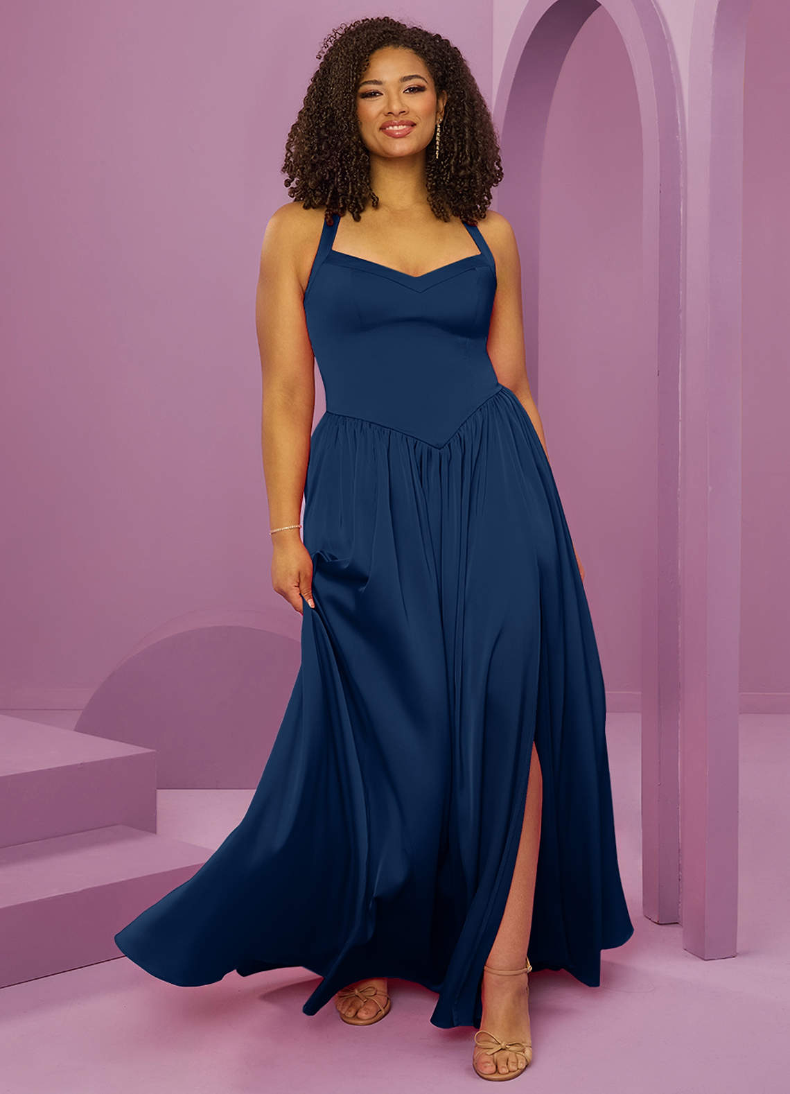 Barbie ♥ Azazie Bridesmaid Dresses Dark Navy A-Line with Pockets Stretch Satin Dress image9