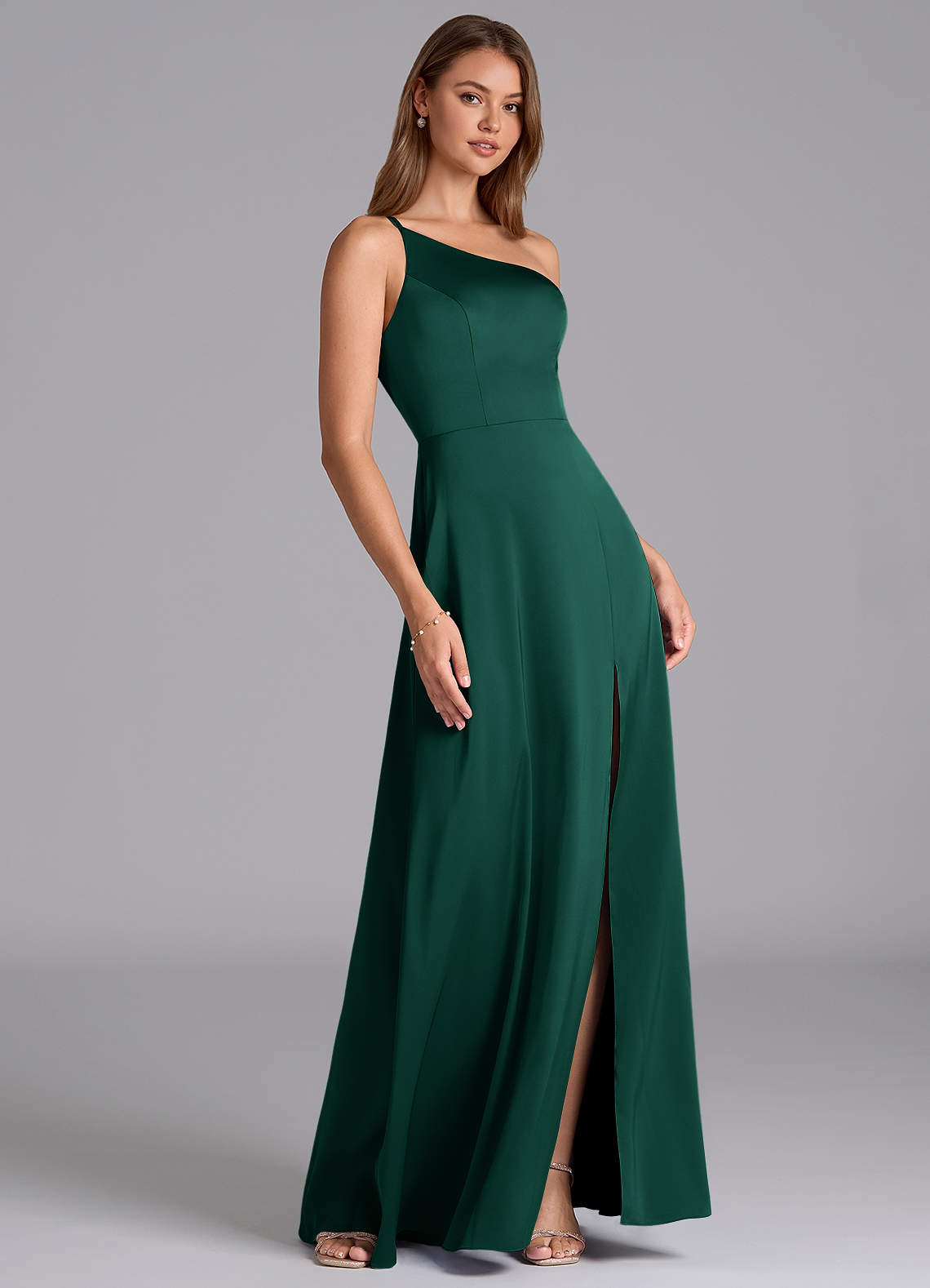 one shoulder emerald dress Azazie Trina