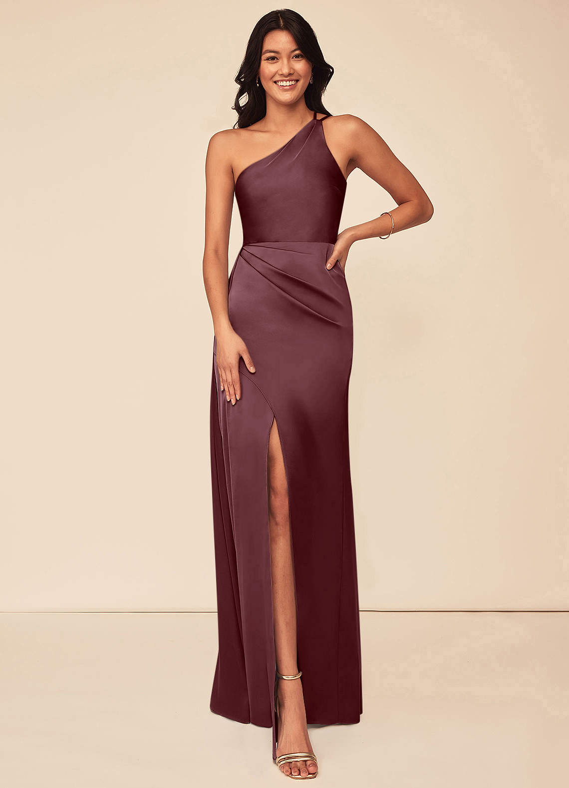 Azazie Maron Bridesmaid Dresses Sangria A-Line One Shoulder Stretch Satin Dress image1