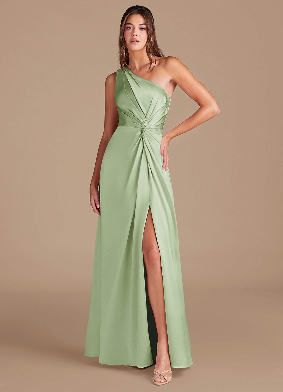 Azazie Brooke Bridesmaid Dresses Dusty Sage A-Line One Shoulder Metallic Satin Dress image1