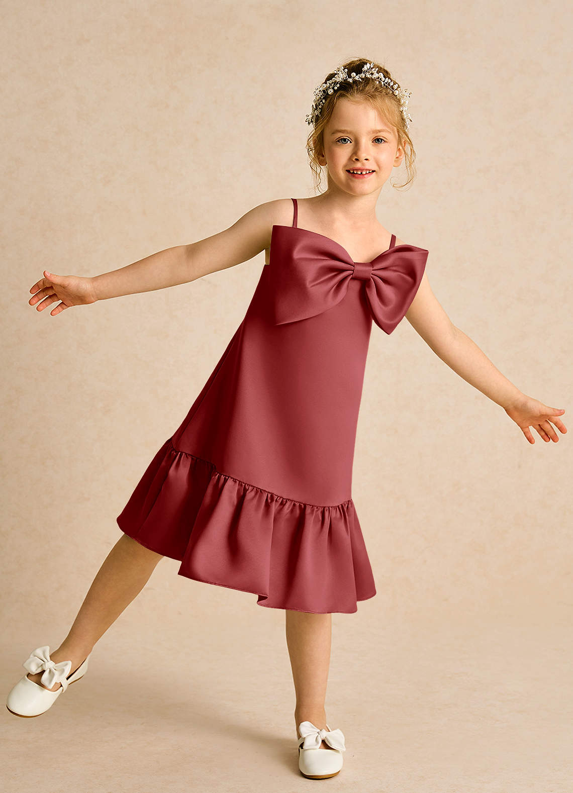 Azazie Kiwi Flower Girl Dresses Rust A-Line Spaghetti Strap Matte Satin Dress image1